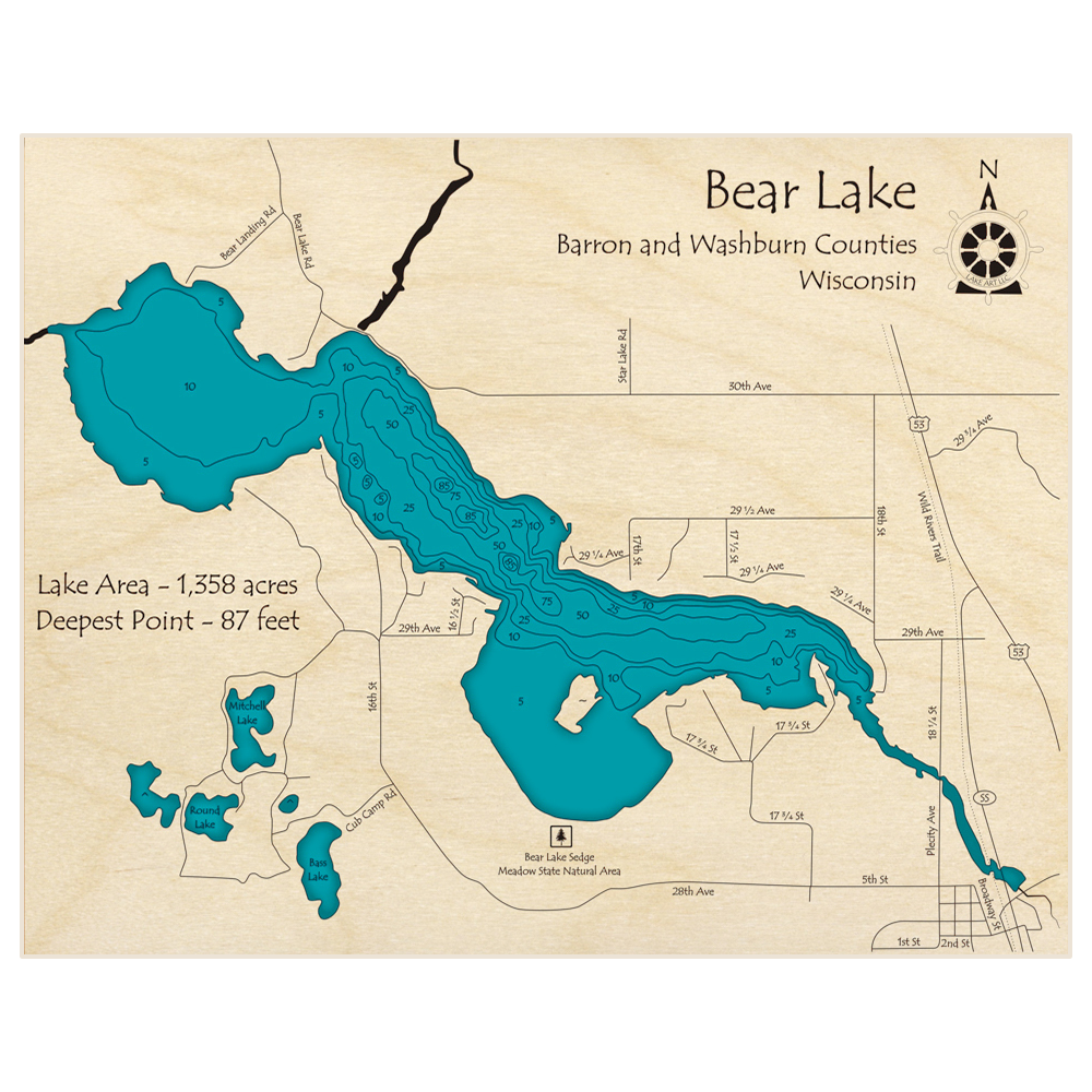 Bathymetric topo map of Bear Lake with roads, towns and depths noted in blue water