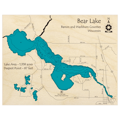 Bathymetric topo map of Bear Lake with roads, towns and depths noted in blue water
