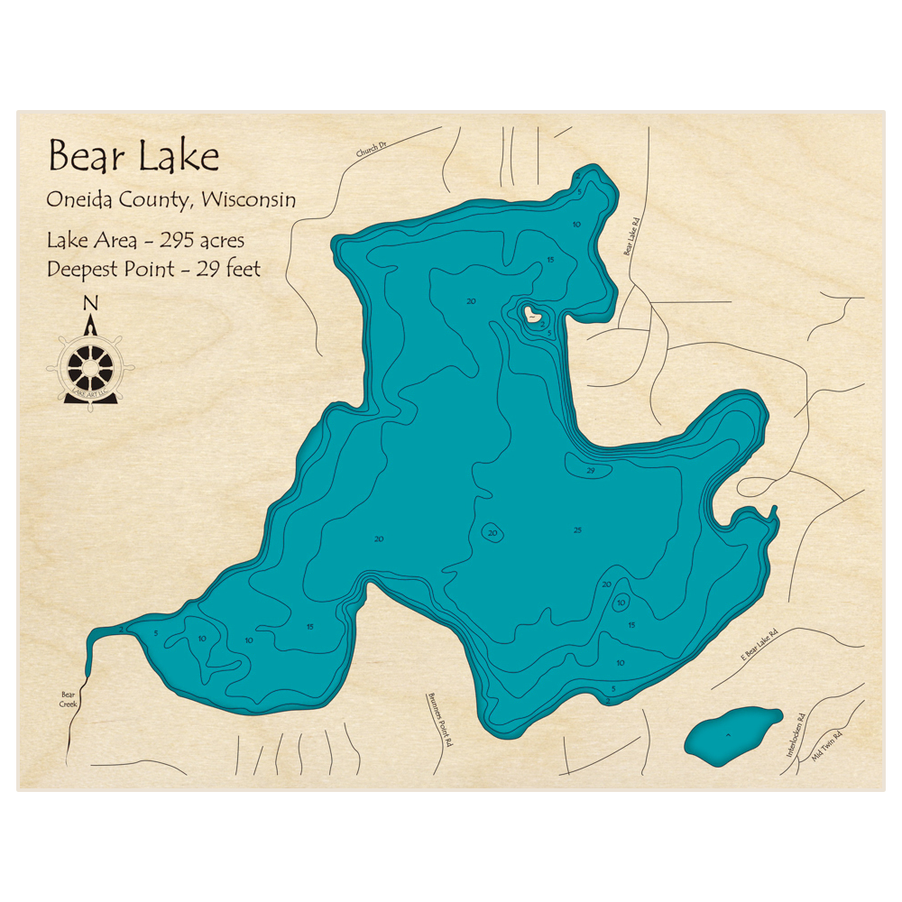Bathymetric topo map of Bear Lake with roads, towns and depths noted in blue water