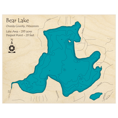 Bathymetric topo map of Bear Lake with roads, towns and depths noted in blue water