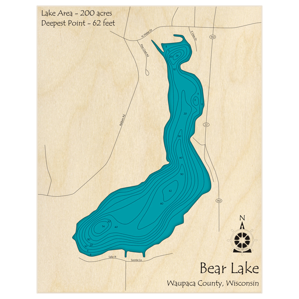 Bathymetric topo map of Bear Lake with roads, towns and depths noted in blue water