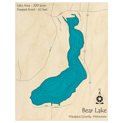Bathymetric topo map of Bear Lake with roads, towns and depths noted in blue water