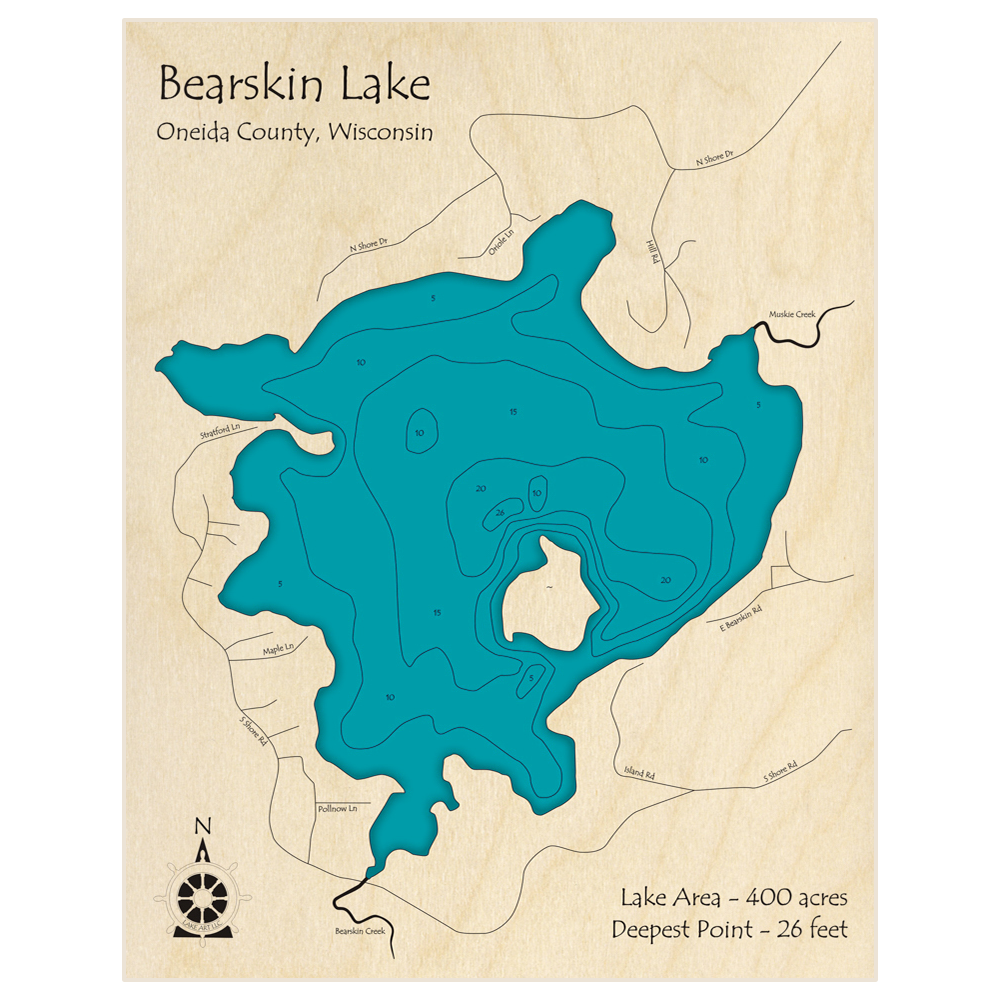 Bathymetric topo map of Bearskin Lake with roads, towns and depths noted in blue water