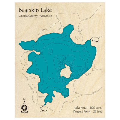 Bathymetric topo map of Bearskin Lake with roads, towns and depths noted in blue water