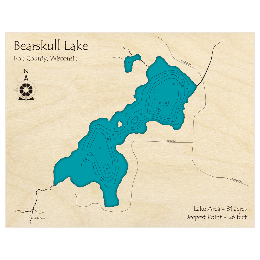 Bathymetric topo map of Bearskull Lake with roads, towns and depths noted in blue water