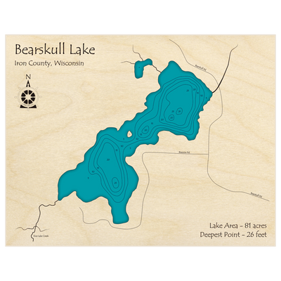 Bathymetric topo map of Bearskull Lake with roads, towns and depths noted in blue water