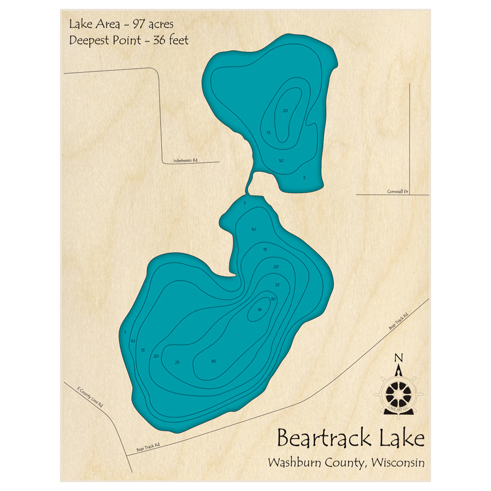 Bathymetric topo map of Beartrack Lake with roads, towns and depths noted in blue water