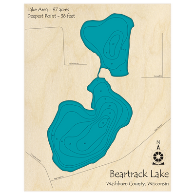 Bathymetric topo map of Beartrack Lake with roads, towns and depths noted in blue water