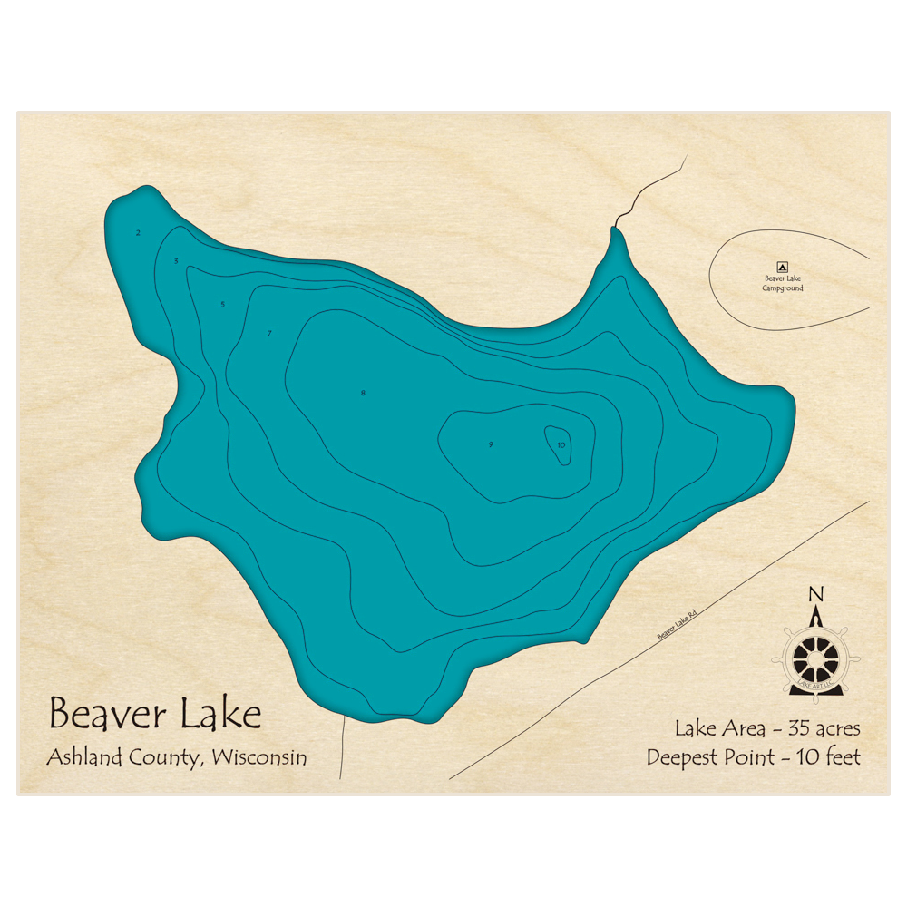 Bathymetric topo map of Beaver Lake with roads, towns and depths noted in blue water
