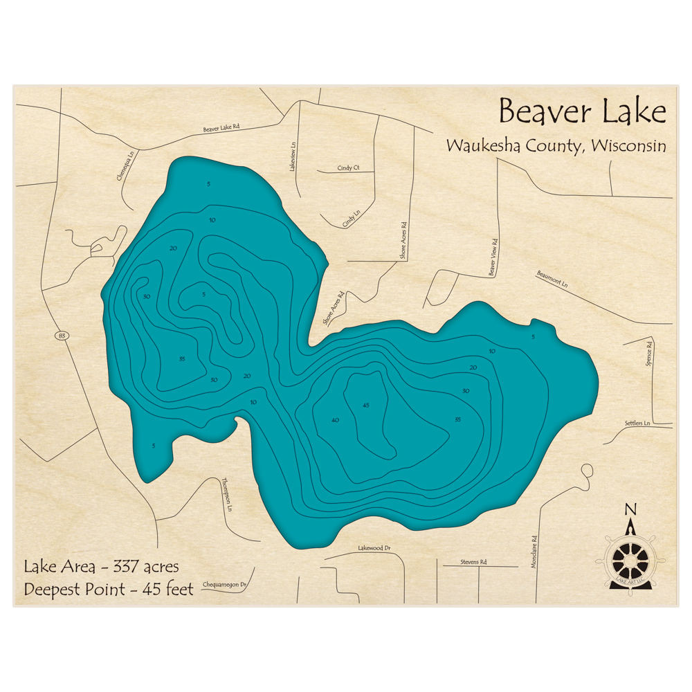 Bathymetric topo map of Beaver Lake with roads, towns and depths noted in blue water
