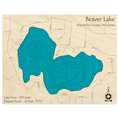 Bathymetric topo map of Beaver Lake with roads, towns and depths noted in blue water