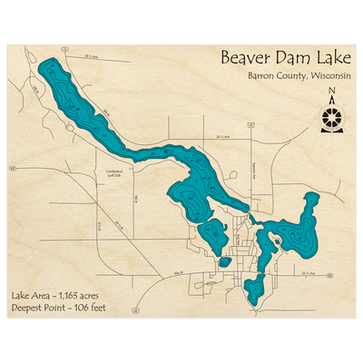 Bathymetric topo map of Beaver Dam Lake with roads, towns and depths noted in blue water