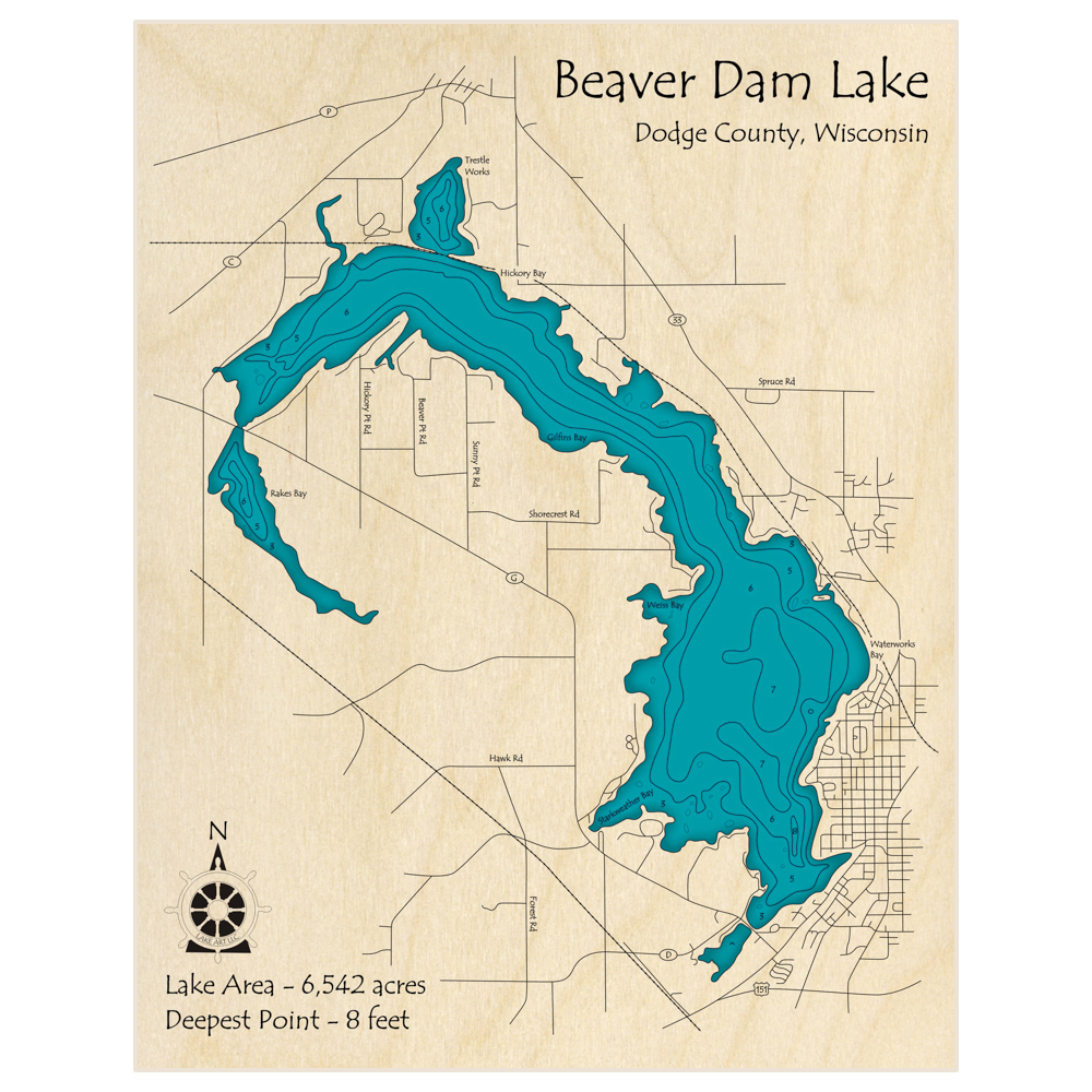 Bathymetric topo map of Beaver Dam Lake with roads, towns and depths noted in blue water