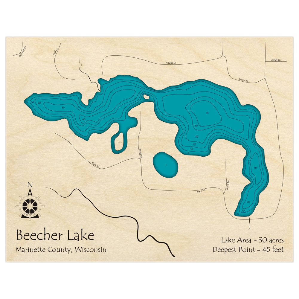 Bathymetric topo map of Beecher Lake with roads, towns and depths noted in blue water