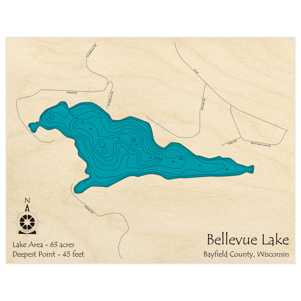 Bathymetric topo map of Bellevue Lake with roads, towns and depths noted in blue water