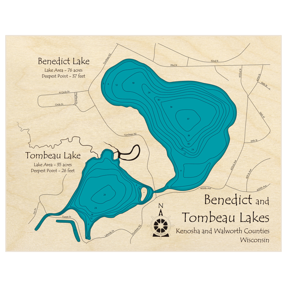 Bathymetric topo map of Benedict and Tombeau Lakes with roads, towns and depths noted in blue water
