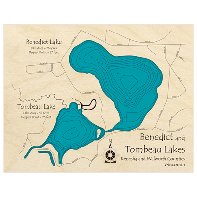 Bathymetric topo map of Benedict and Tombeau Lakes with roads, towns and depths noted in blue water