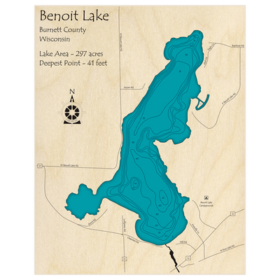 Bathymetric topo map of Benoit Lake with roads, towns and depths noted in blue water