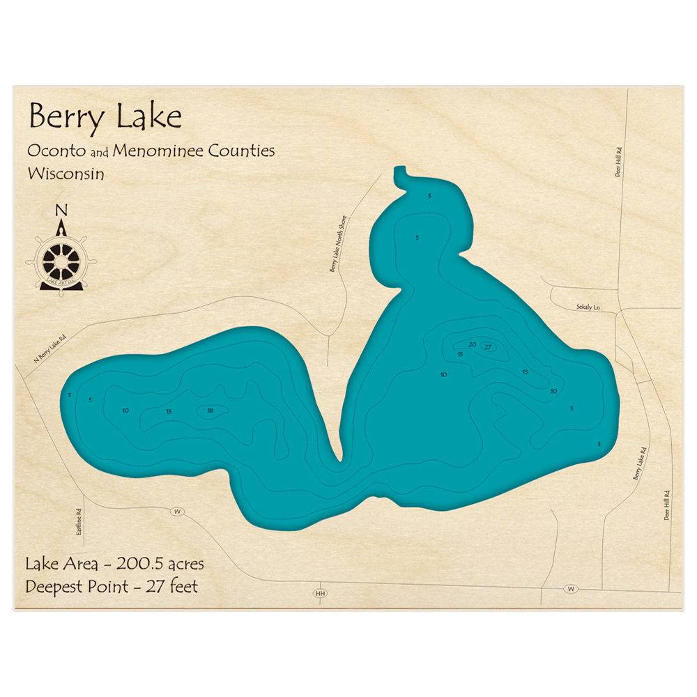Bathymetric topo map of Berry Lake with roads, towns and depths noted in blue water