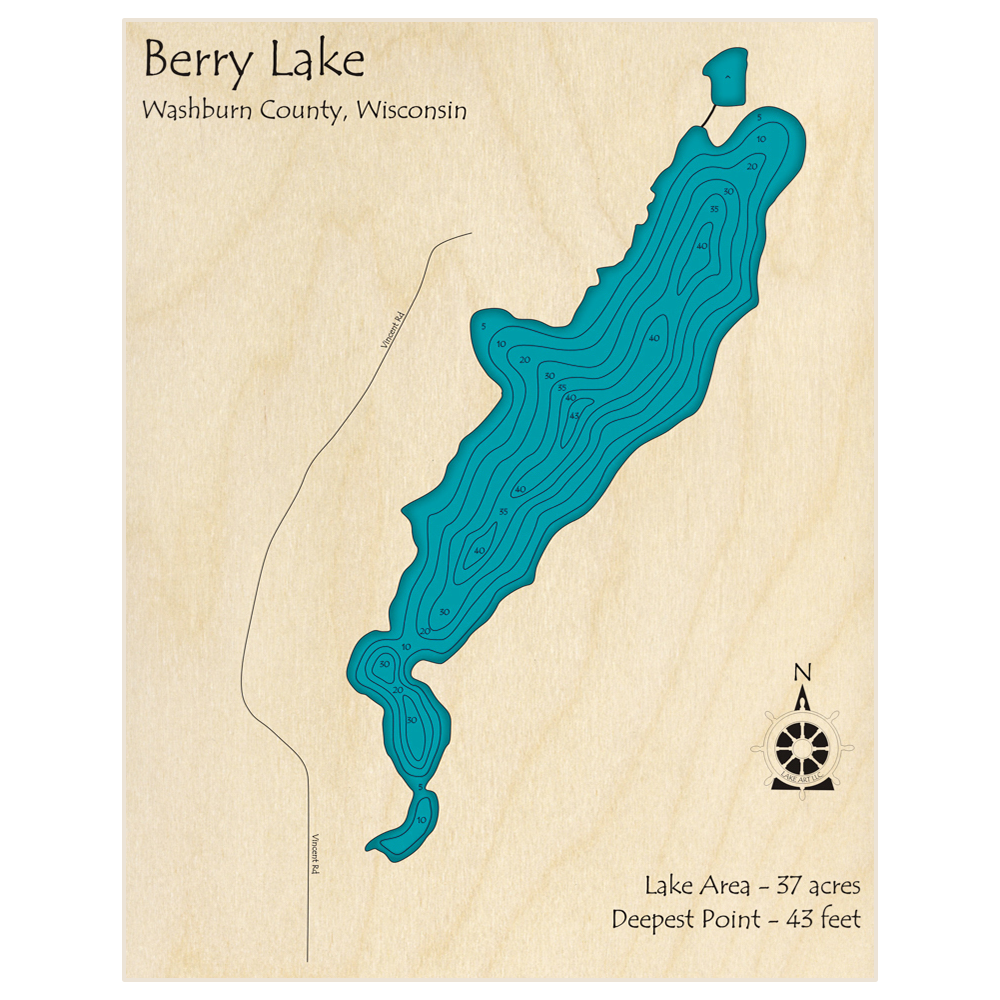 Bathymetric topo map of Berry Lake with roads, towns and depths noted in blue water