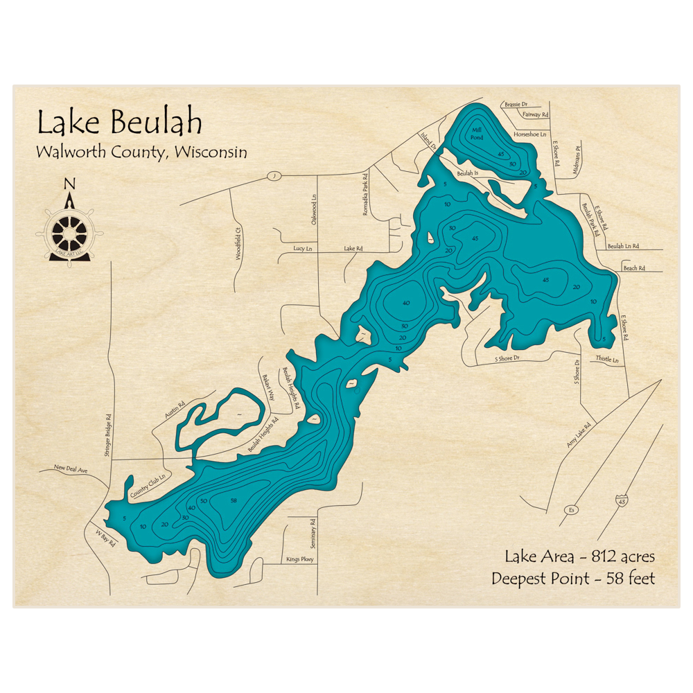 Bathymetric topo map of Lake Beulah with roads, towns and depths noted in blue water