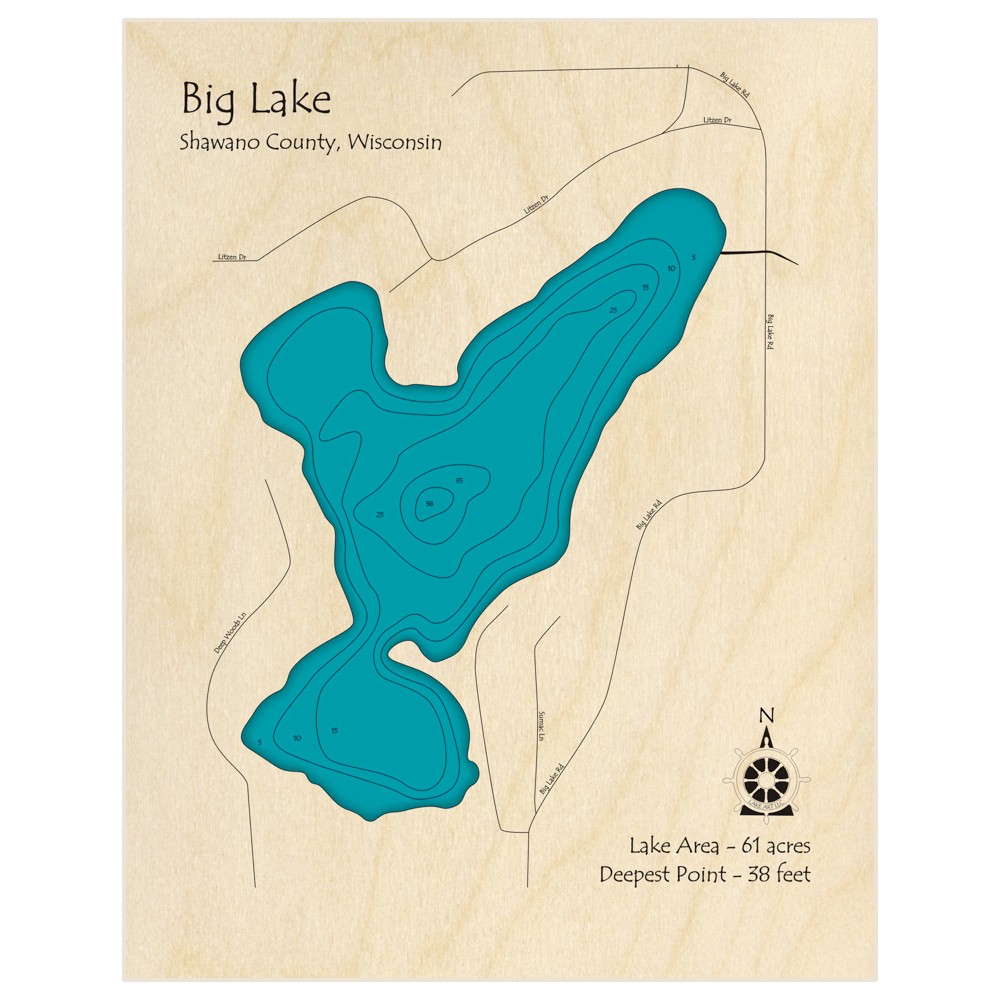 Bathymetric topo map of Big Lake with roads, towns and depths noted in blue water