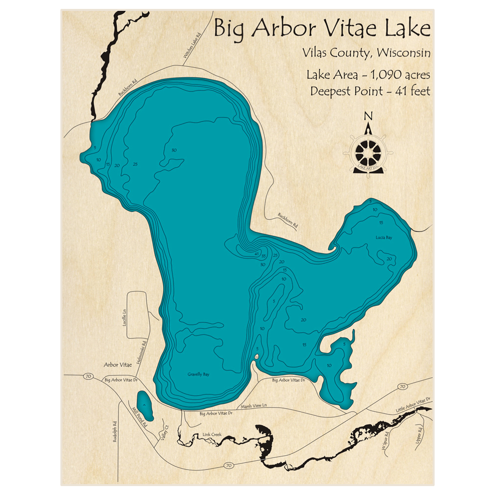 Bathymetric topo map of Big Arbor Vitae Lake with roads, towns and depths noted in blue water