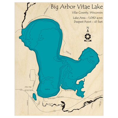 Bathymetric topo map of Big Arbor Vitae Lake with roads, towns and depths noted in blue water