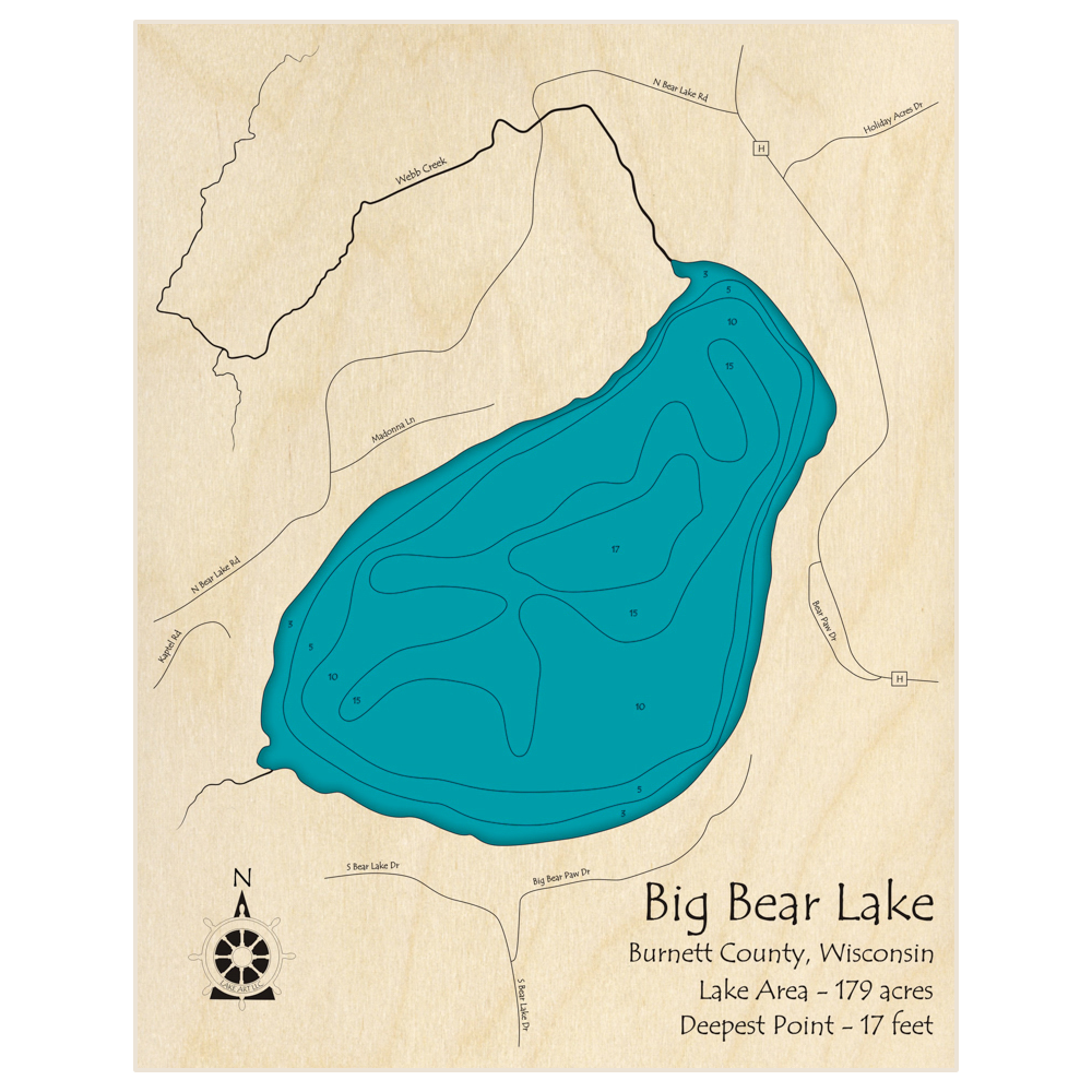 Bathymetric topo map of Big Bear Lake with roads, towns and depths noted in blue water