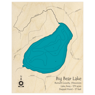 Bathymetric topo map of Big Bear Lake with roads, towns and depths noted in blue water