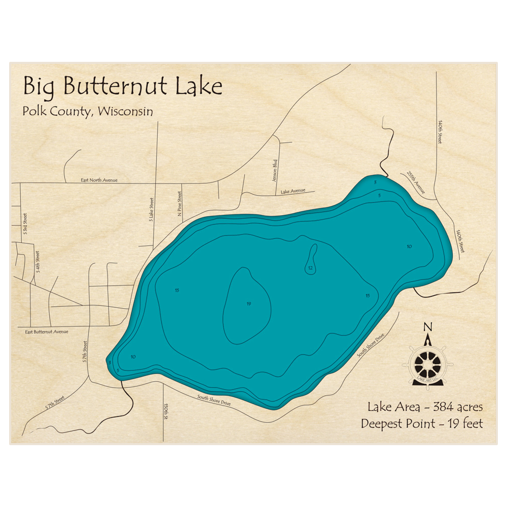 Bathymetric topo map of Big Butternut Lake with roads, towns and depths noted in blue water