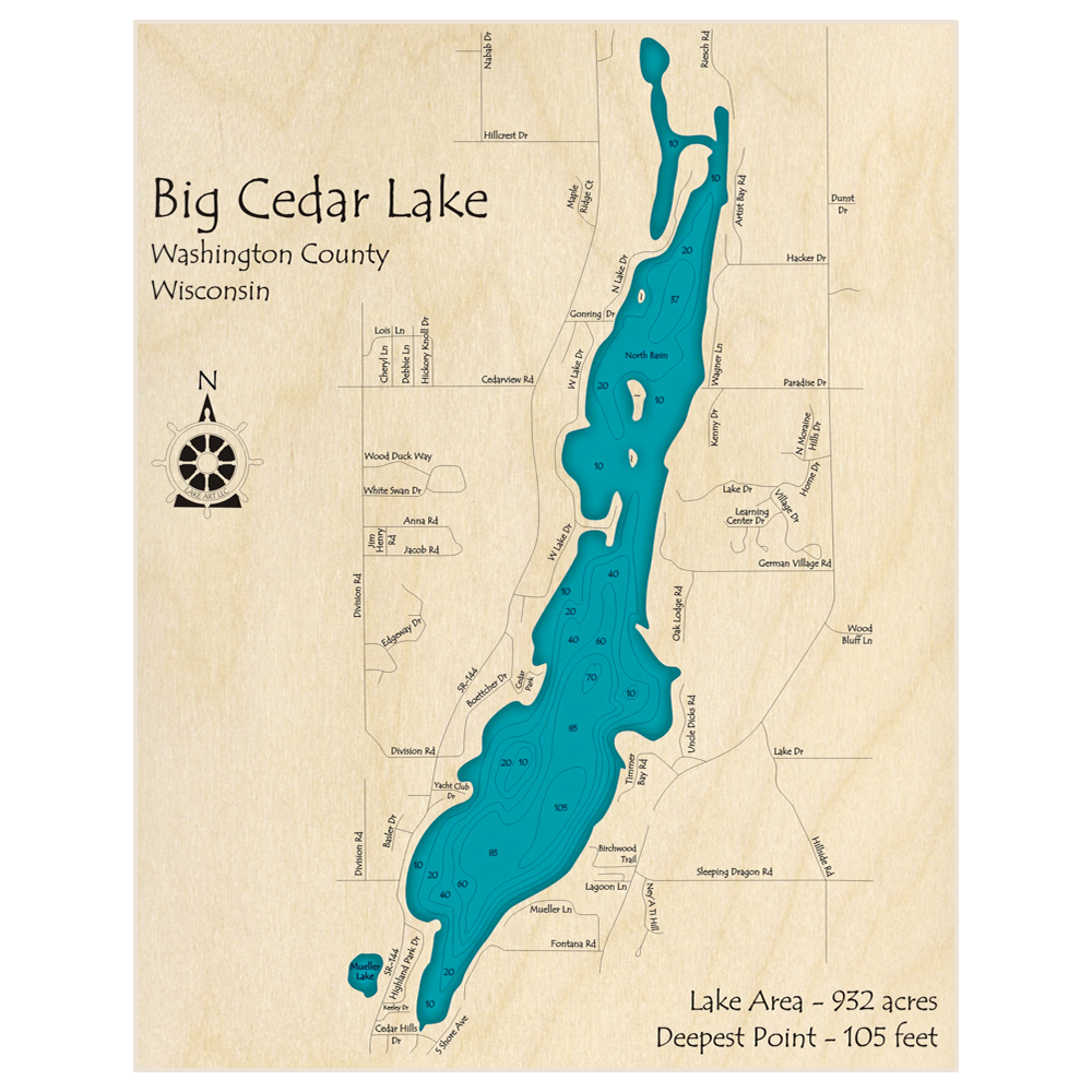 Bathymetric topo map of Big Cedar Lake with roads, towns and depths noted in blue water