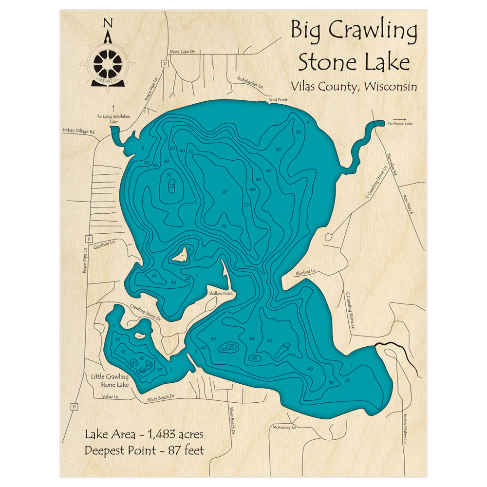 Bathymetric topo map of Big Crawling Stone Lake with roads, towns and depths noted in blue water