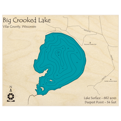 Bathymetric topo map of Big Crooked Lake (Near Boulder Junction) with roads, towns and depths noted in blue water