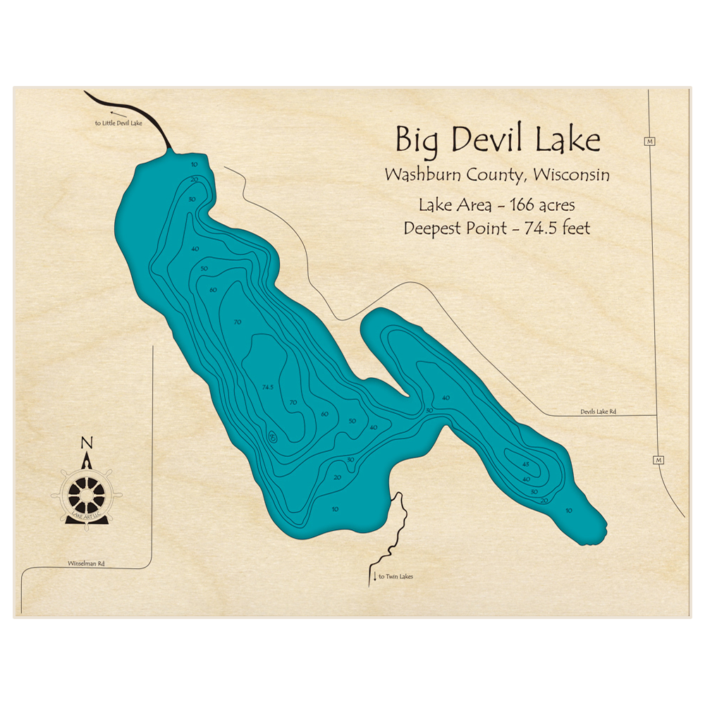 Bathymetric topo map of Big Devil Lake with roads, towns and depths noted in blue water