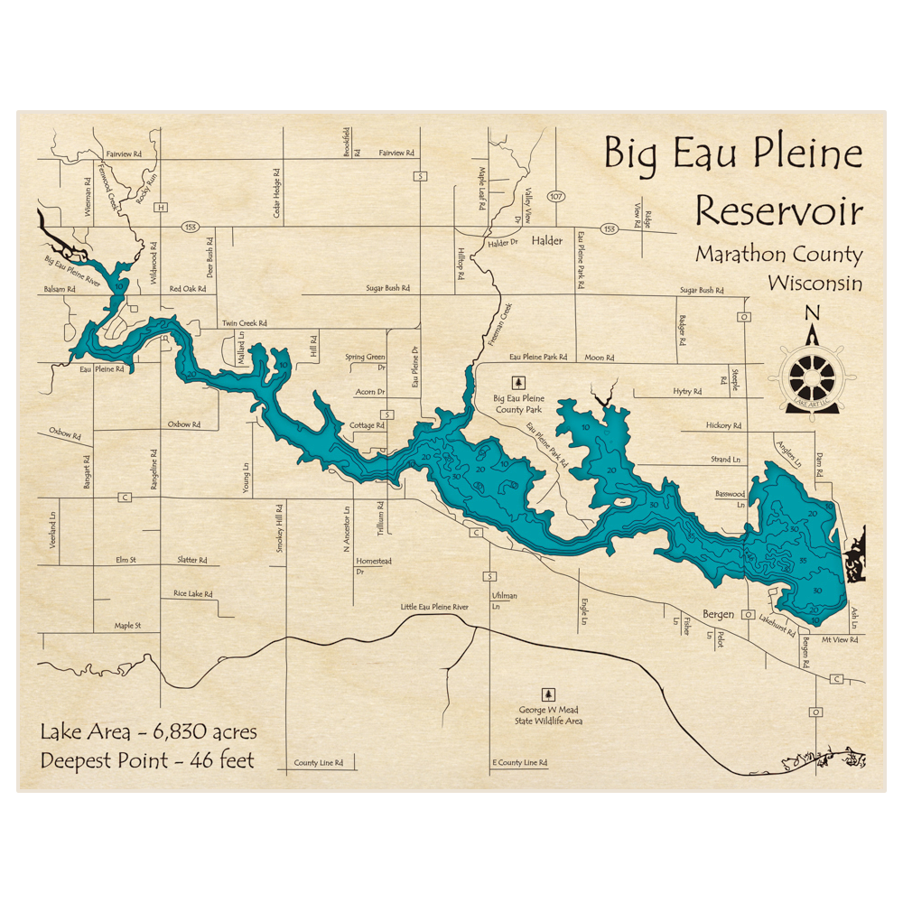 Bathymetric topo map of Big Eau Pleine Reservoir with roads, towns and depths noted in blue water