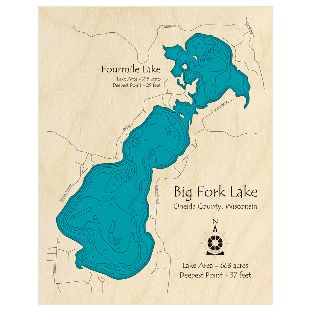 Bathymetric topo map of BIg Fork Lake (With Four Mile Lake) with roads, towns and depths noted in blue water