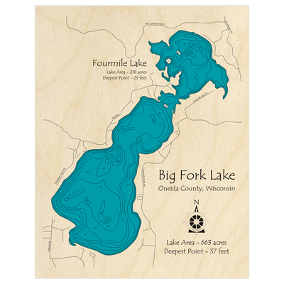 Bathymetric topo map of BIg Fork Lake (With Four Mile Lake) with roads, towns and depths noted in blue water
