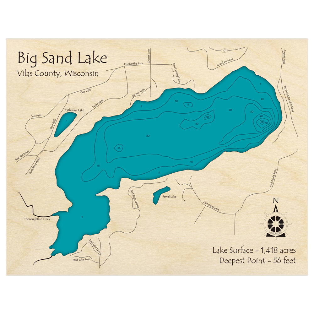 Bathymetric topo map of Big Sand Lake with roads, towns and depths noted in blue water