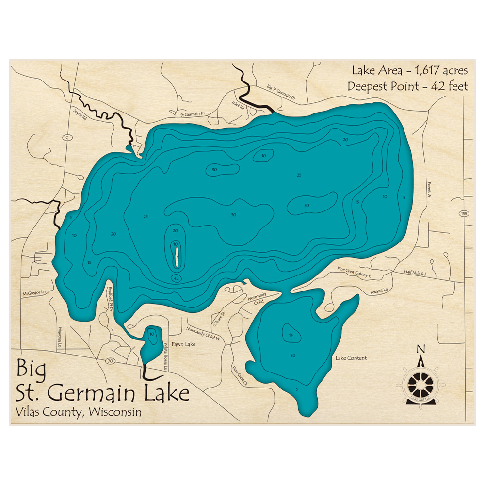 Bathymetric topo map of St Germain Lake (Big) with roads, towns and depths noted in blue water