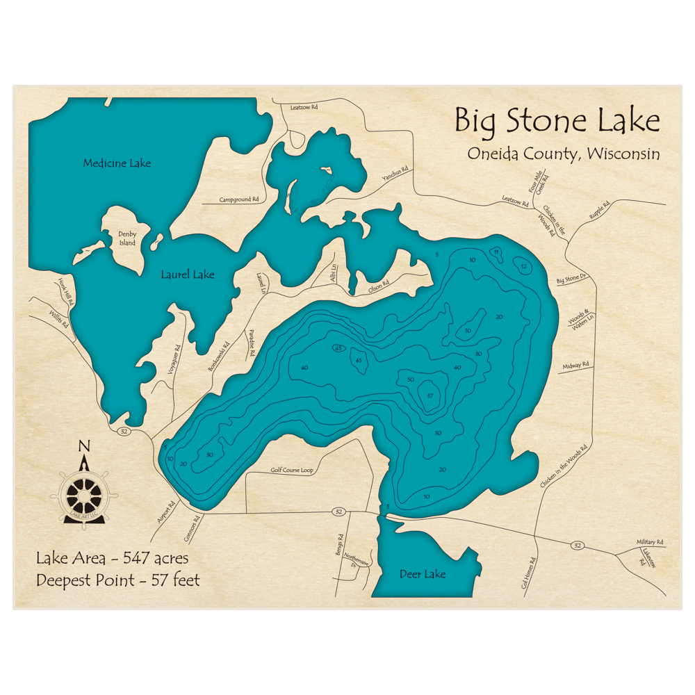 Bathymetric topo map of Big Stone Lake with roads, towns and depths noted in blue water