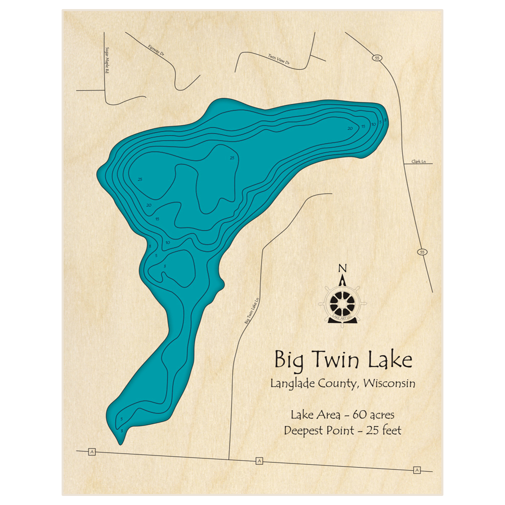 Bathymetric topo map of Big Twin Lake with roads, towns and depths noted in blue water