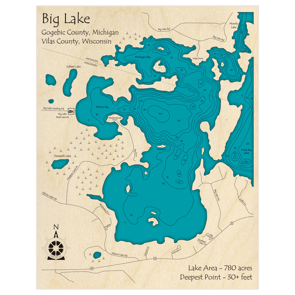 Bathymetric topo map of Big Lake (on Michigan Border) with roads, towns and depths noted in blue water