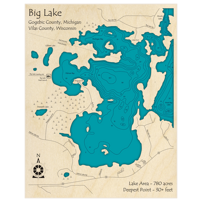 Bathymetric topo map of Big Lake (on Michigan Border) with roads, towns and depths noted in blue water