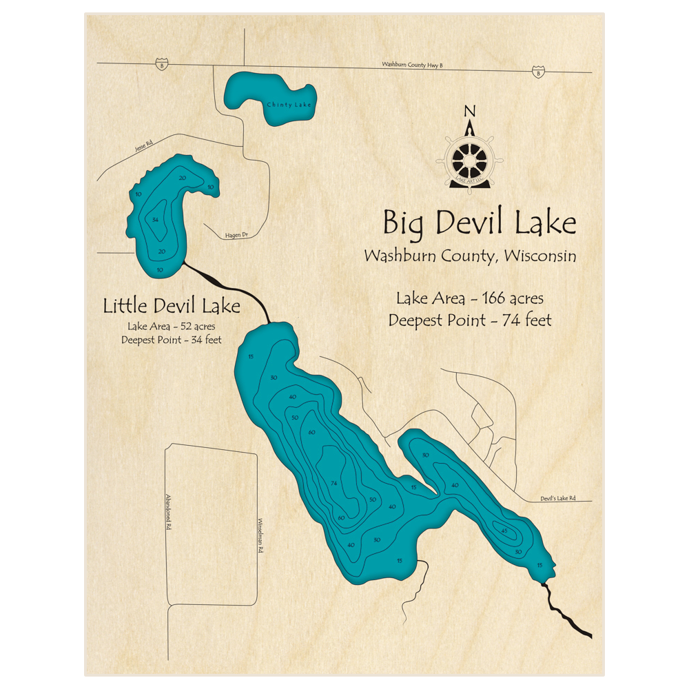 Bathymetric topo map of Big and Little Devil Lakes with roads, towns and depths noted in blue water
