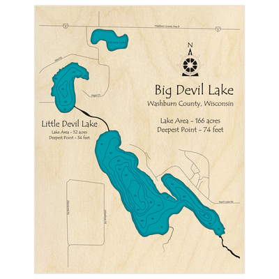Bathymetric topo map of Big and Little Devil Lakes with roads, towns and depths noted in blue water