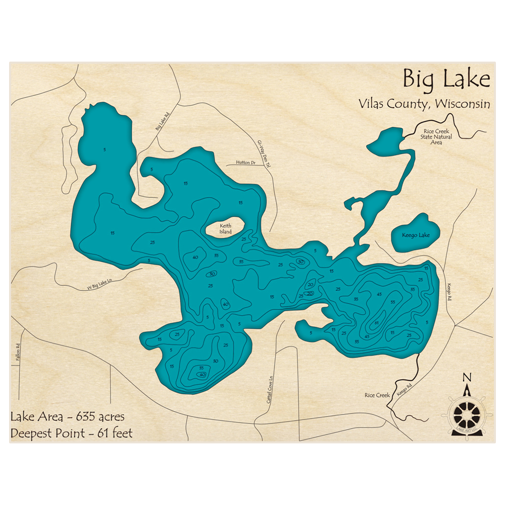 Bathymetric topo map of Big Lake (near Presque Isle) with roads, towns and depths noted in blue water