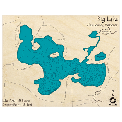 Bathymetric topo map of Big Lake (near Presque Isle) with roads, towns and depths noted in blue water