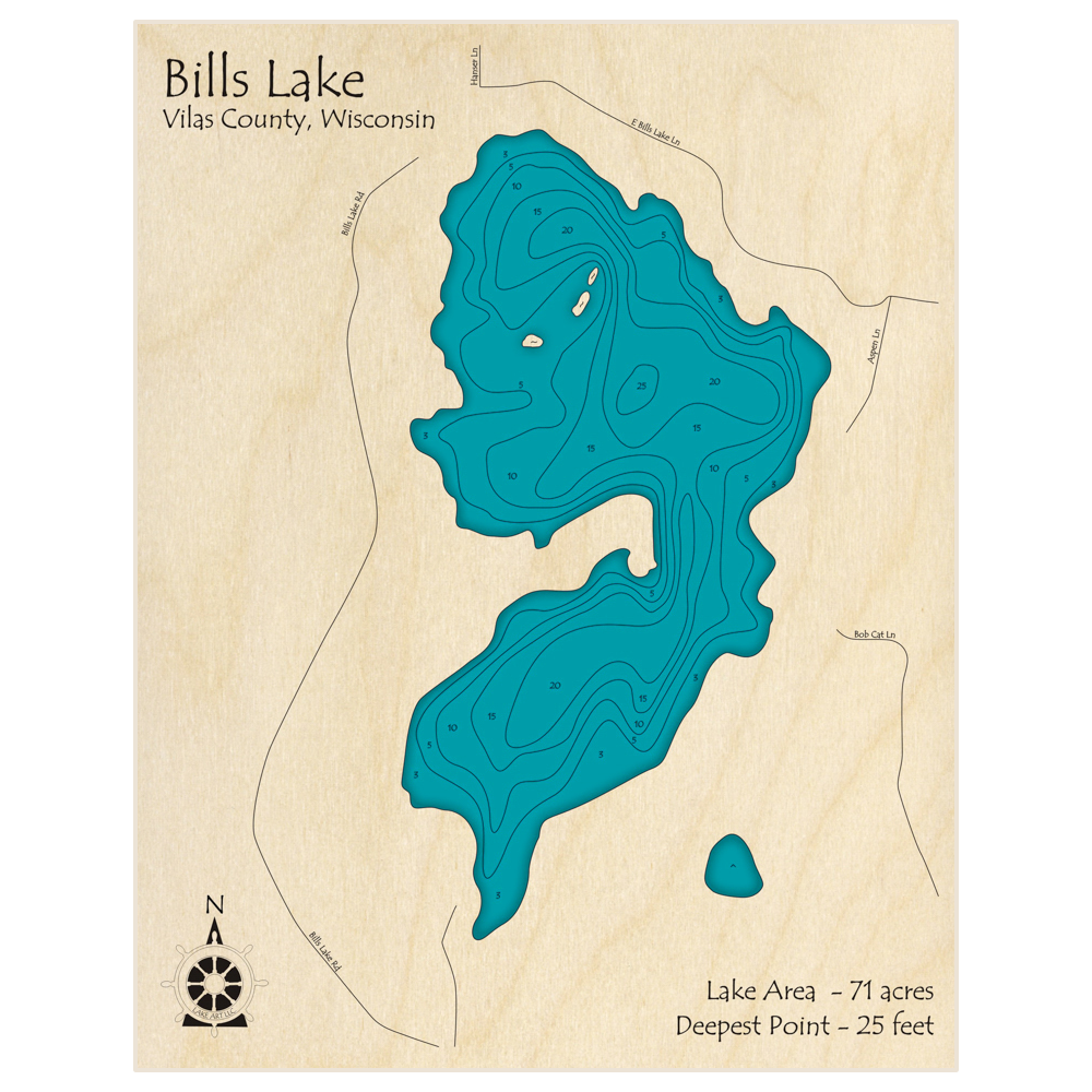 Bathymetric topo map of Bills Lake with roads, towns and depths noted in blue water