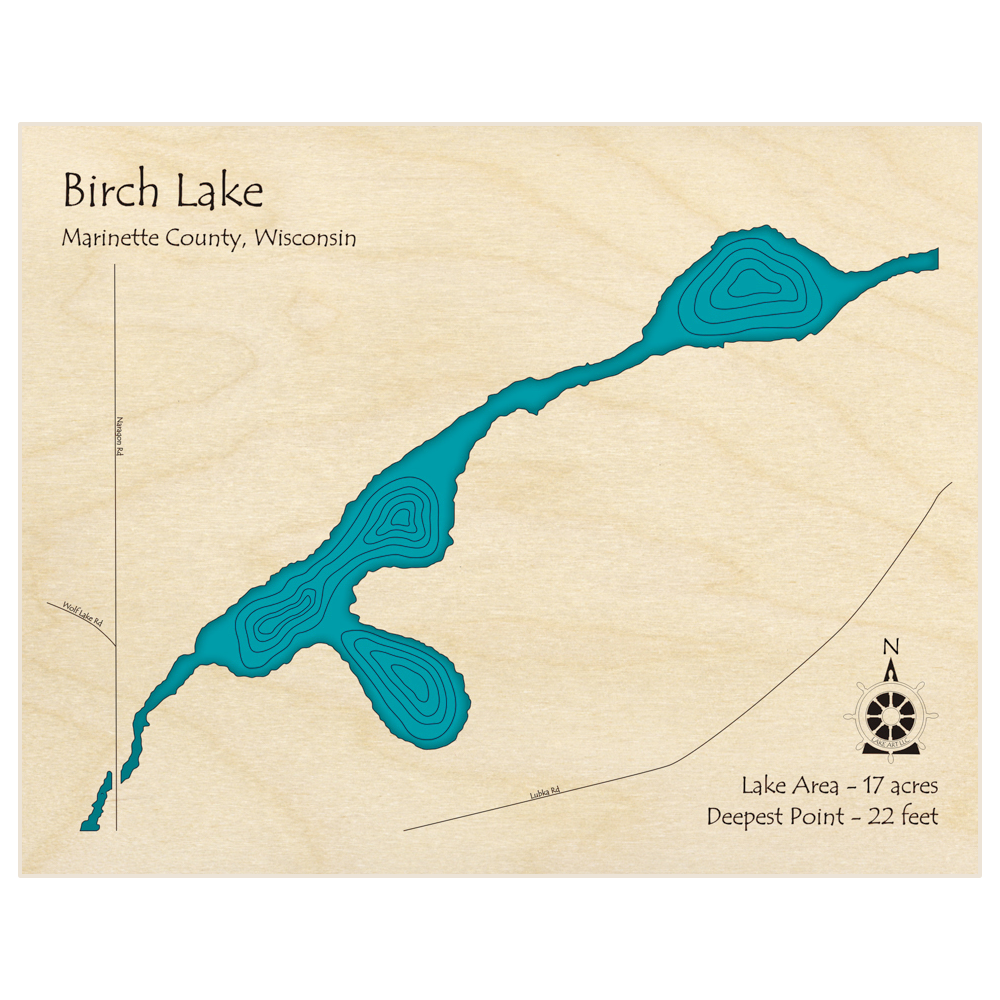 Bathymetric topo map of Birch Lake  with roads, towns and depths noted in blue water
